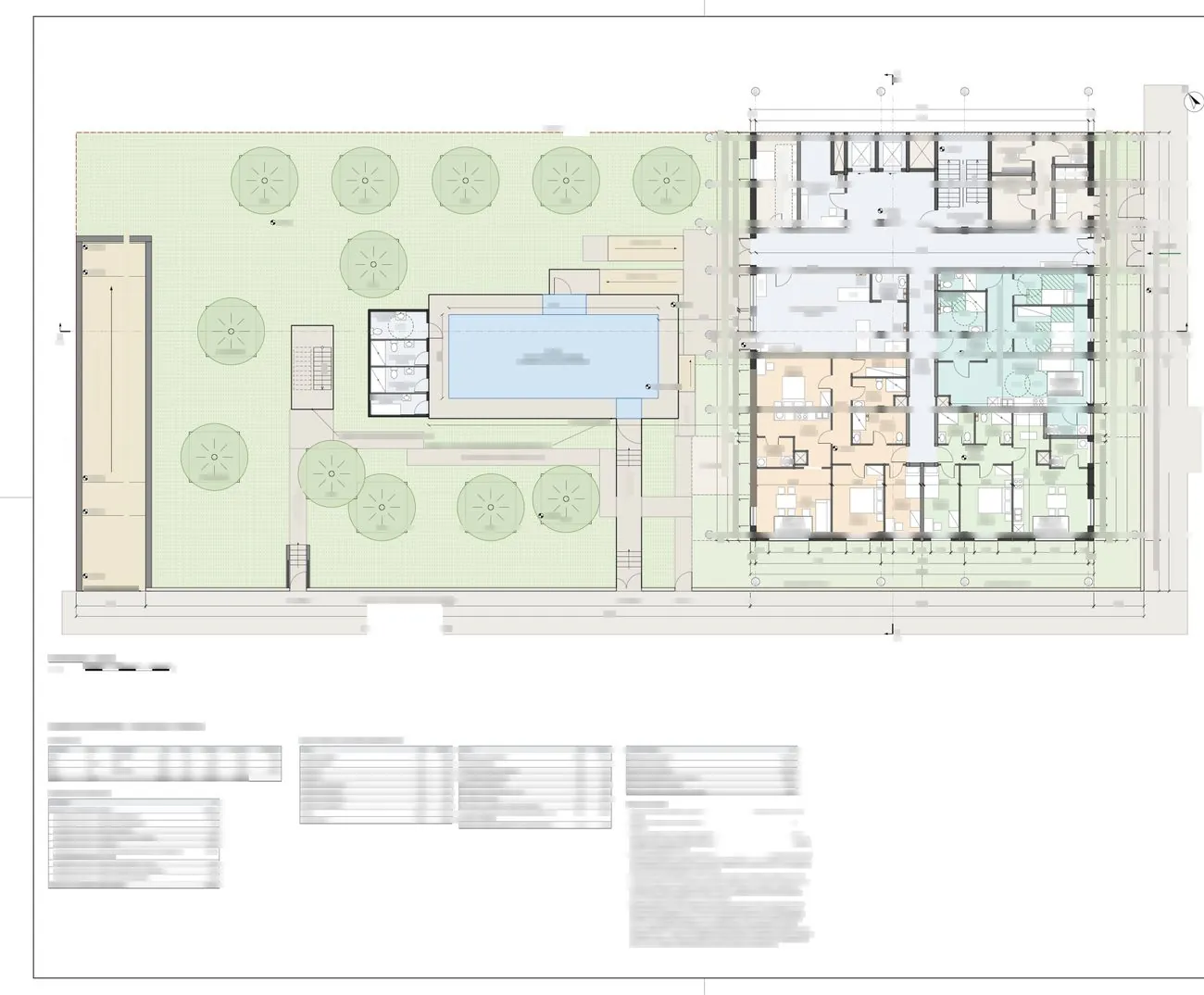Lámina A-03, planta baja con jardín y piscina